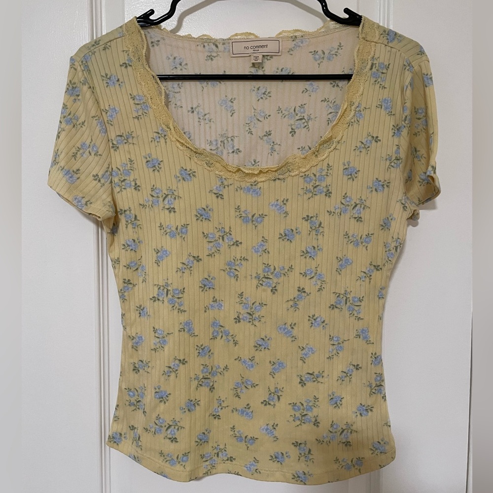 Floral Lace Trim Top - Yellow